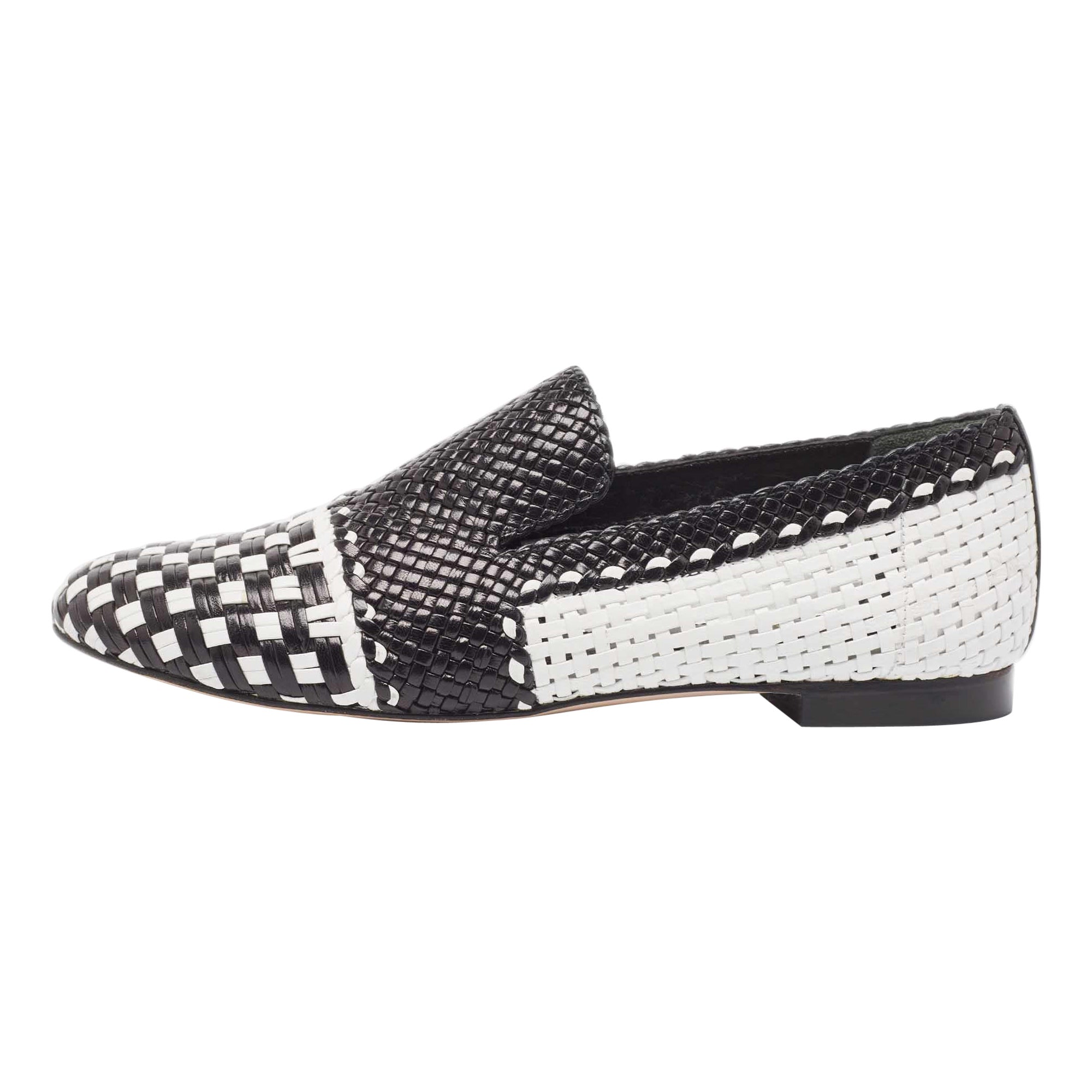 Stuart Weitzman Black/White Woven Leather Riviera Smoking Slippers Size 36 For Sale