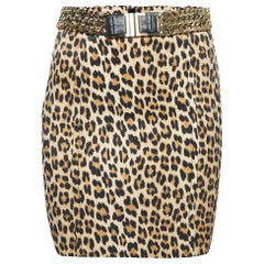 Elisabetta Franchi Brown Leopard Print Satin Embellished Waist Mini Skirt S