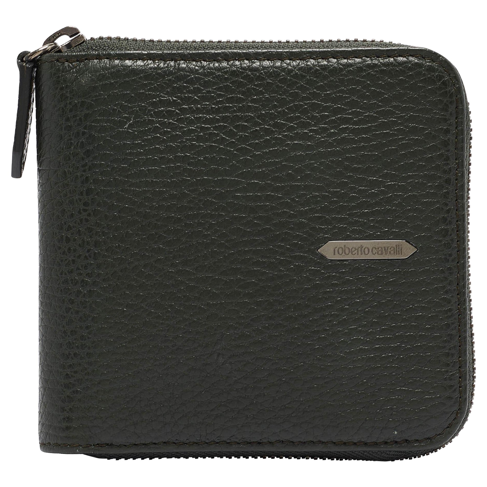 Roberto Cavalli Dark Green Leather Zip Around Wallet For Sale