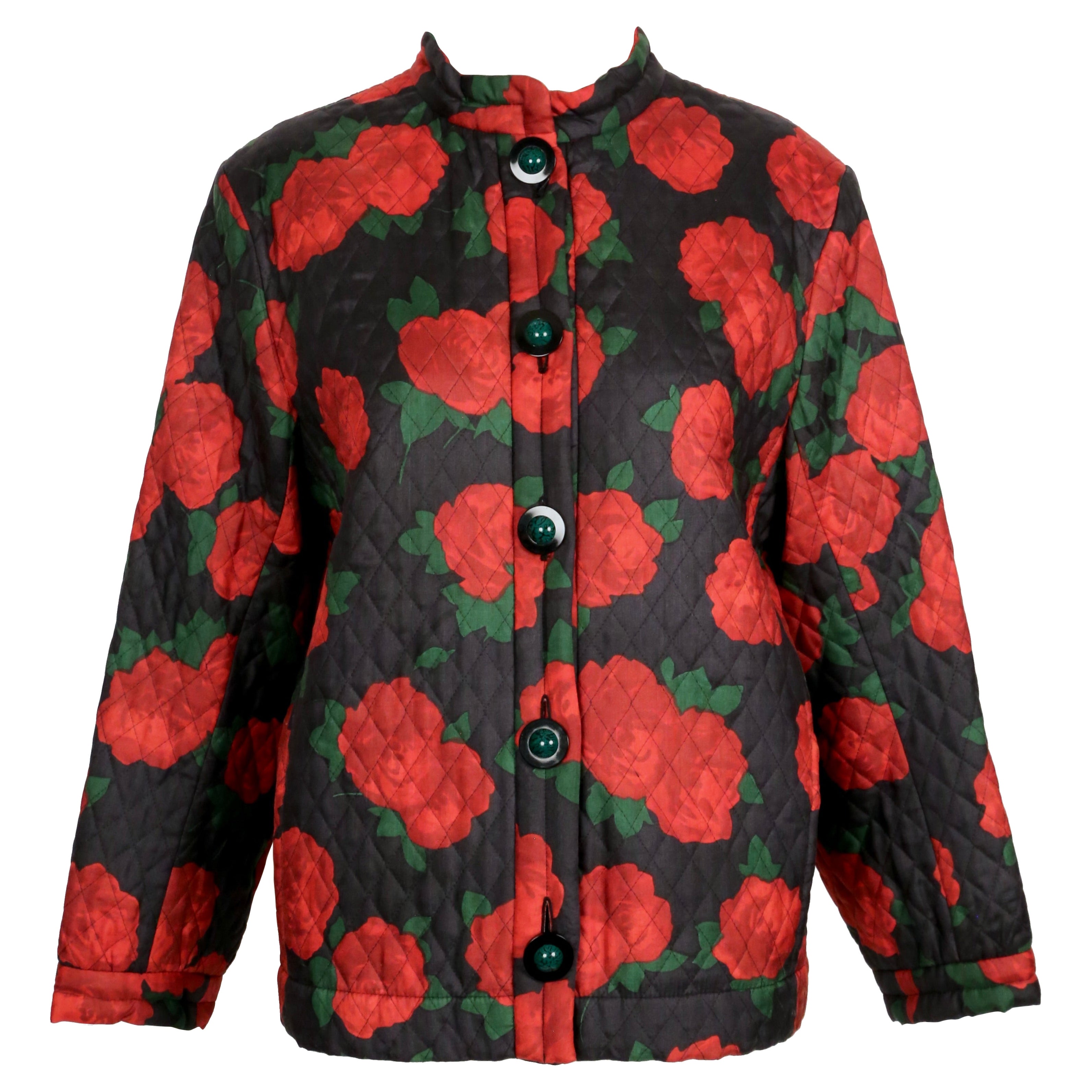 1994 YVES SAINT LAURENT rose printed silk quilted RUNWAY jacket For Sale