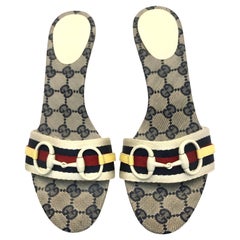 Used Gucci monogram white horsebit sandals heels