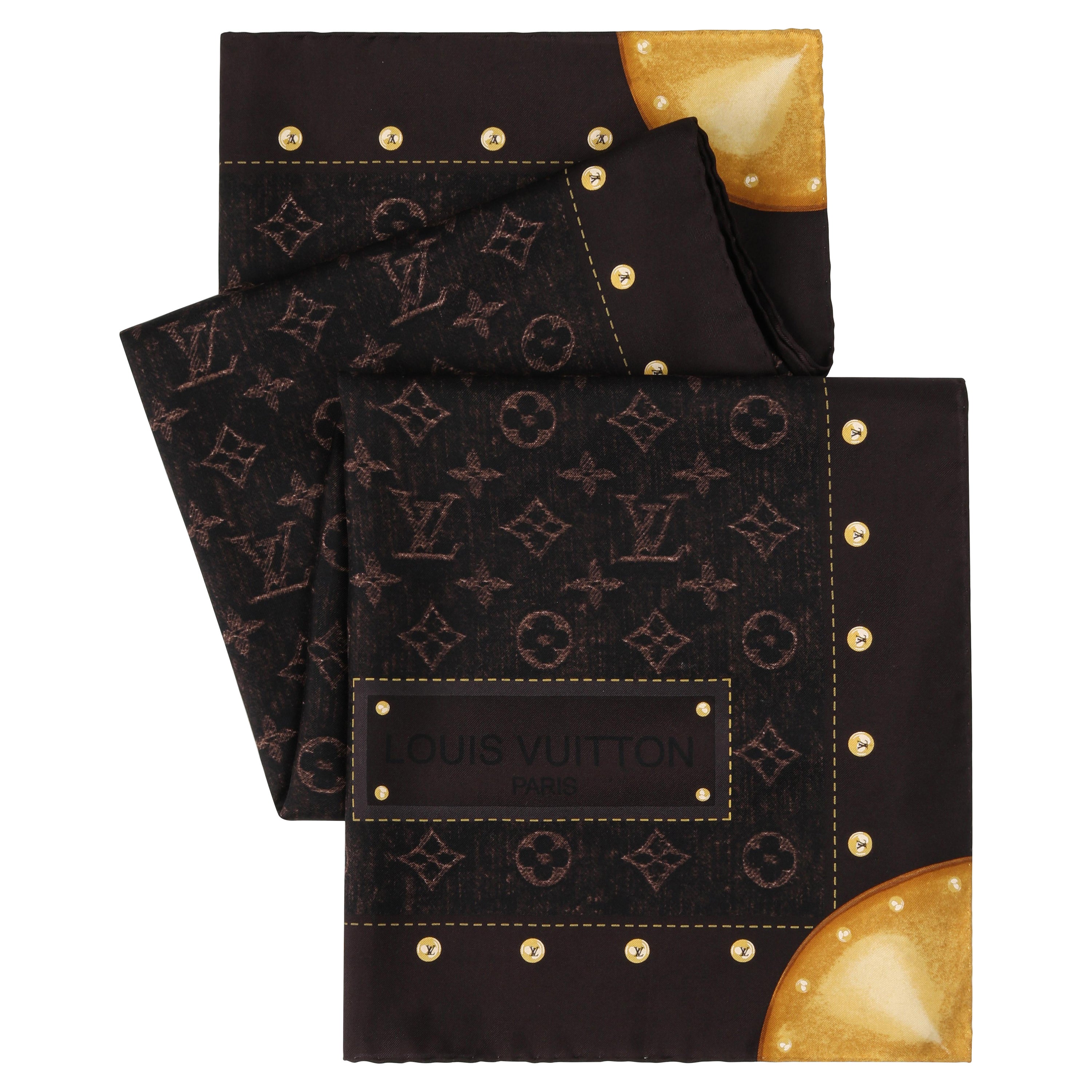 LOUIS VUITTON Brown Denim Monogram Trunk Print Large Square Silk Scarf w/Box For Sale