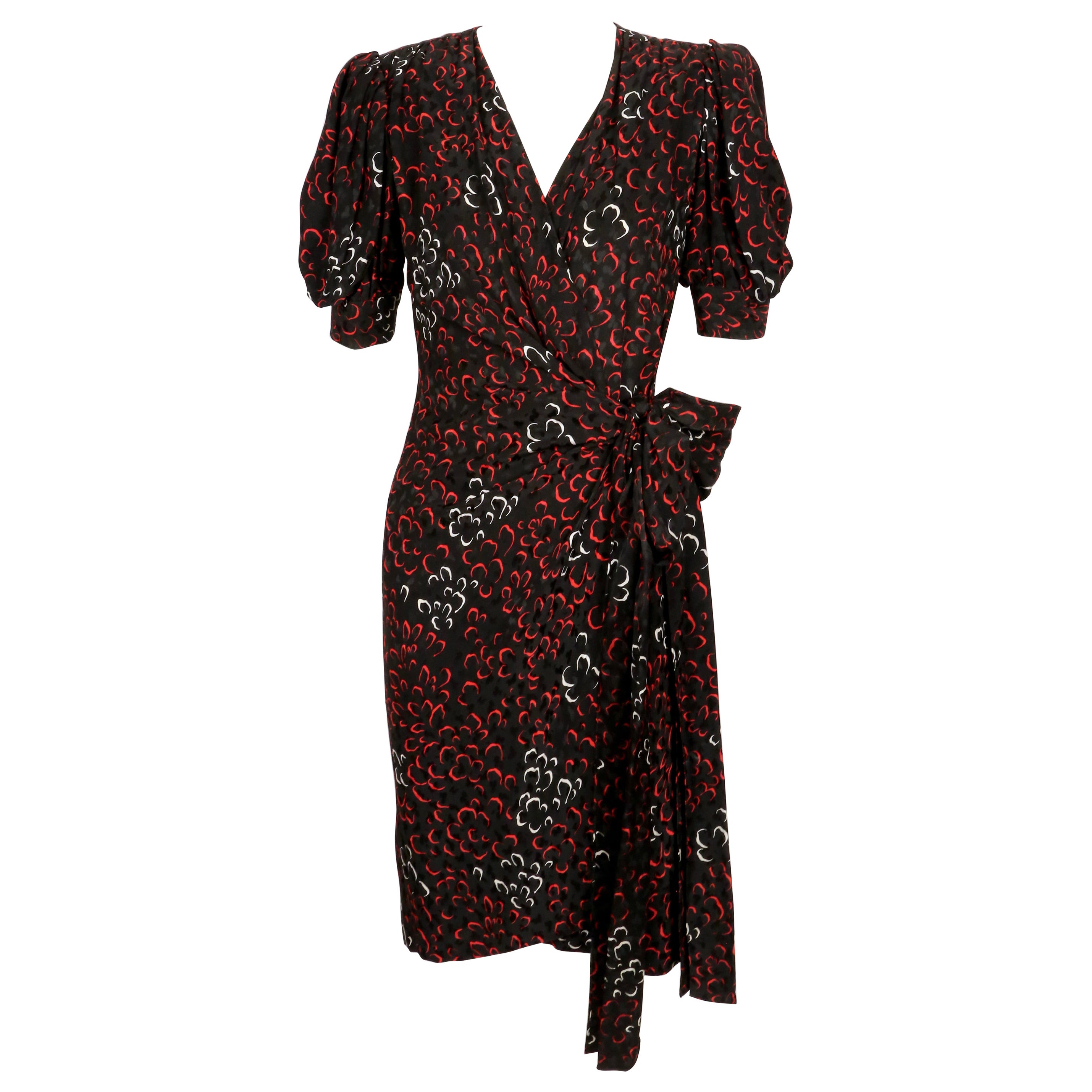 early 1980's YVES SAINT LAURENT abstract woven silk wrap dress with puff sleeves For Sale