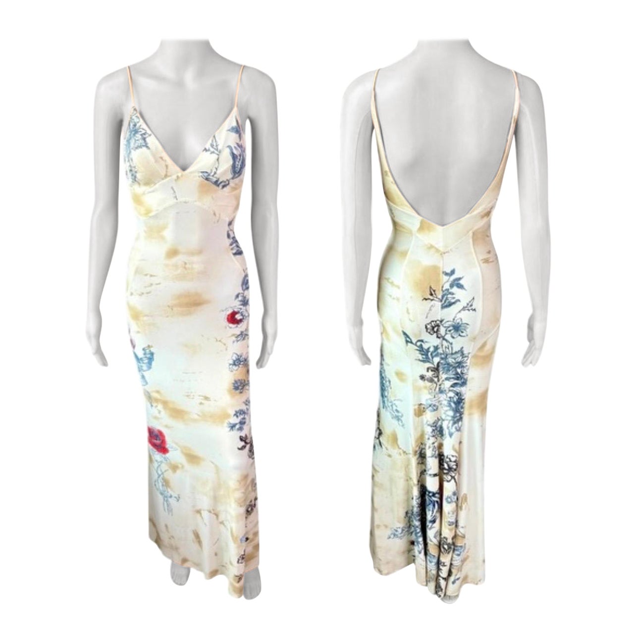 Roberto Cavalli S/S 2003 Vestido de noche con estampado de tatuajes y escote Bodycon Maxi en venta