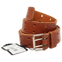 Saint Laurent Brown Leather Perforated Buckle Belt 90CM