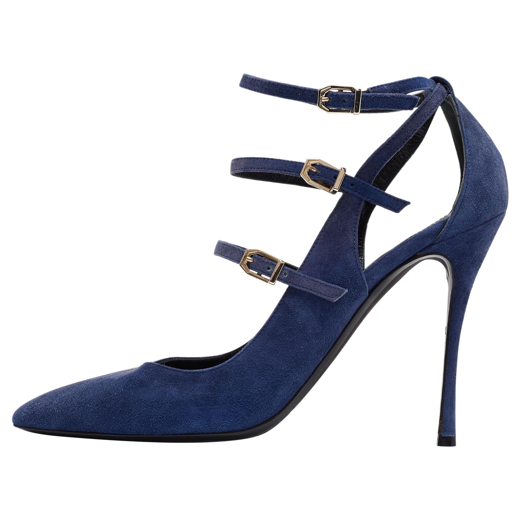 Nicholas Kirkwood Blue Suede Ruffle Buckle Pointed Toe Pumps Size 39 For Sale