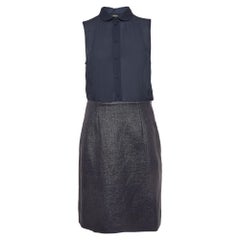 Emporio Armani Navy Blue Chiffon and Canvas Buttoned Sleeveless Dress M