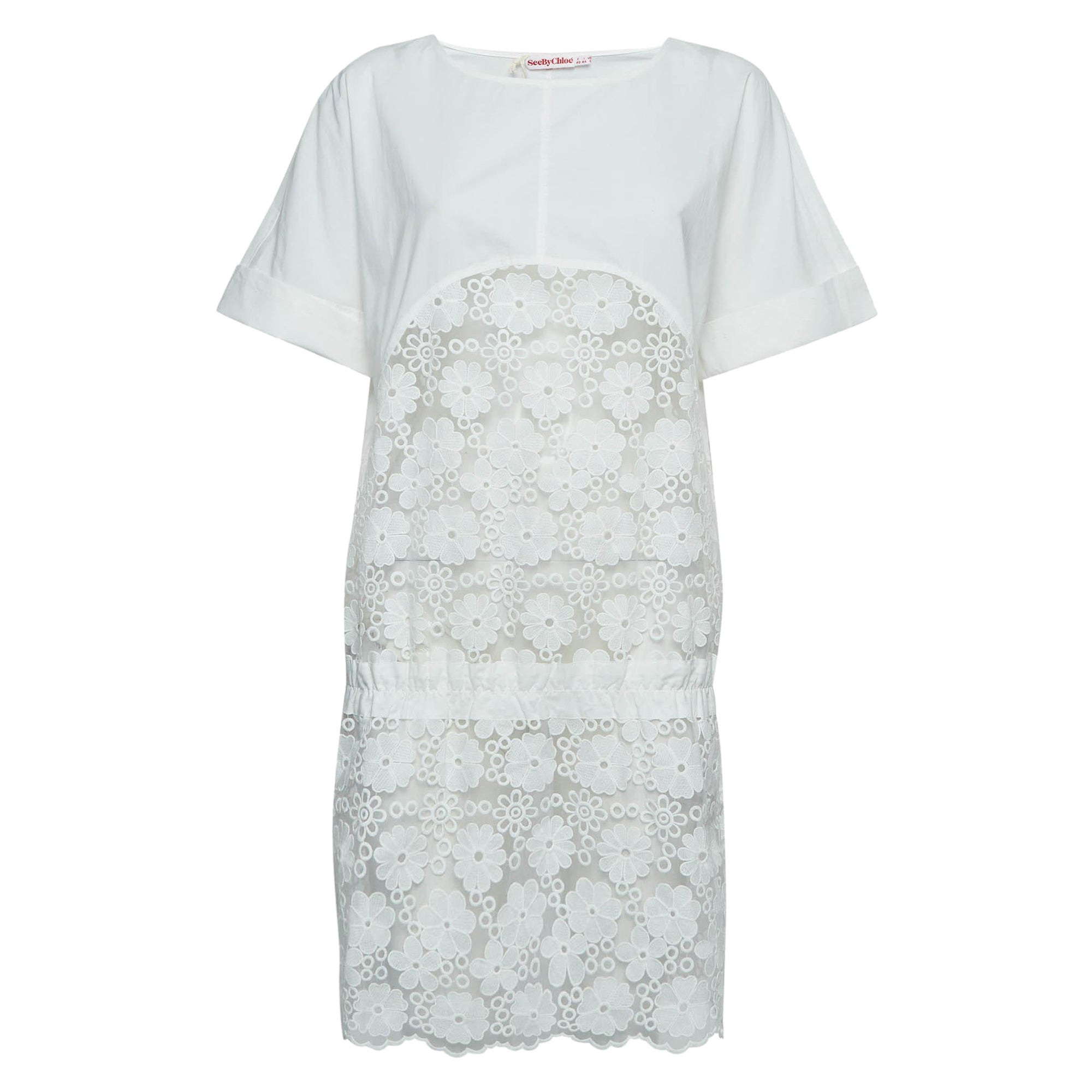See by Chloé White Floral Embroidered Cotton and Nylon Sheer Short Dress M For Sale