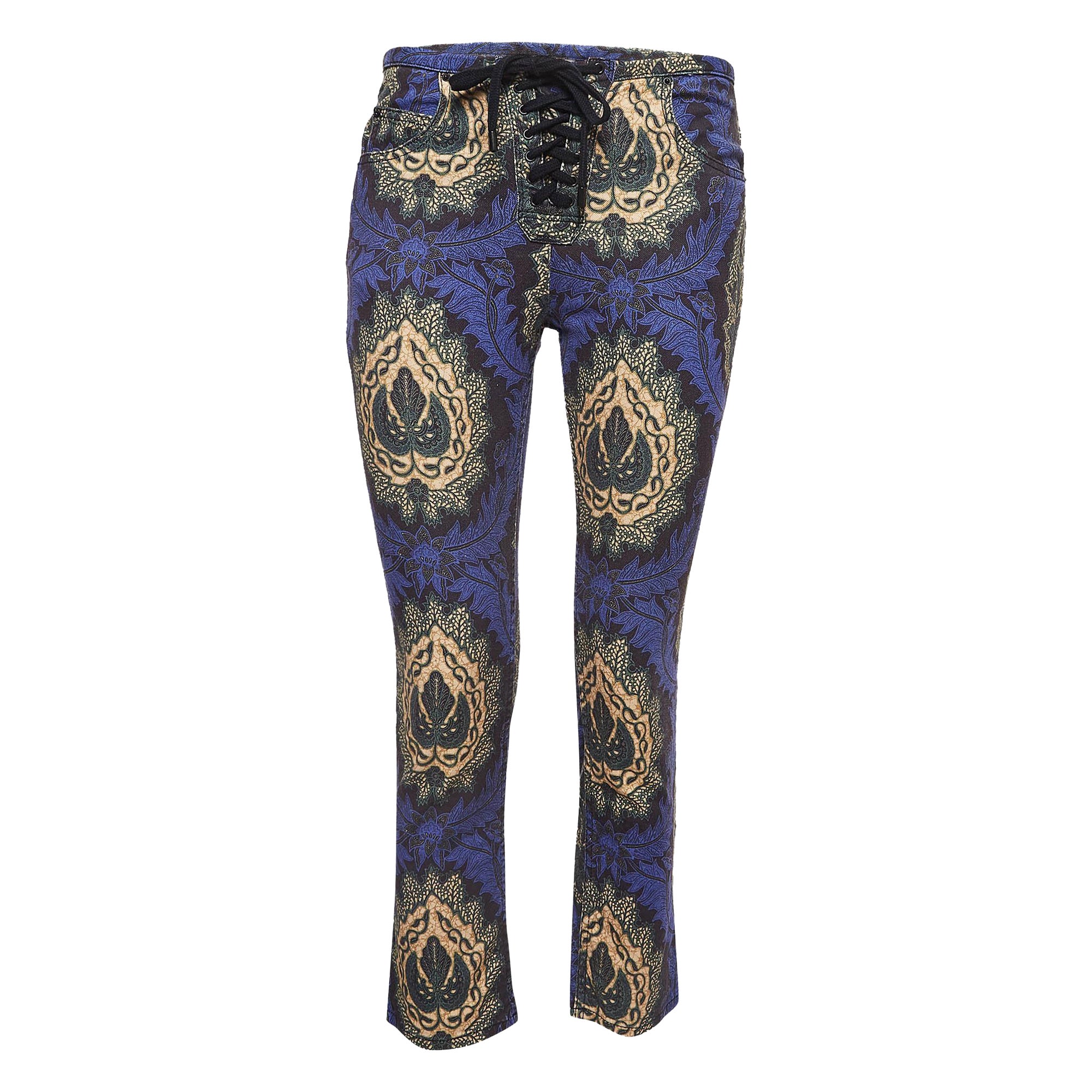 Isabel Marant Etoile Purple Floral Print Cotton Twill Lace-Up Trousers S For Sale