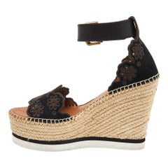 See by Chloe Black Suede Floral Laser-Cut Wedge Espadrille Sandals Size 37