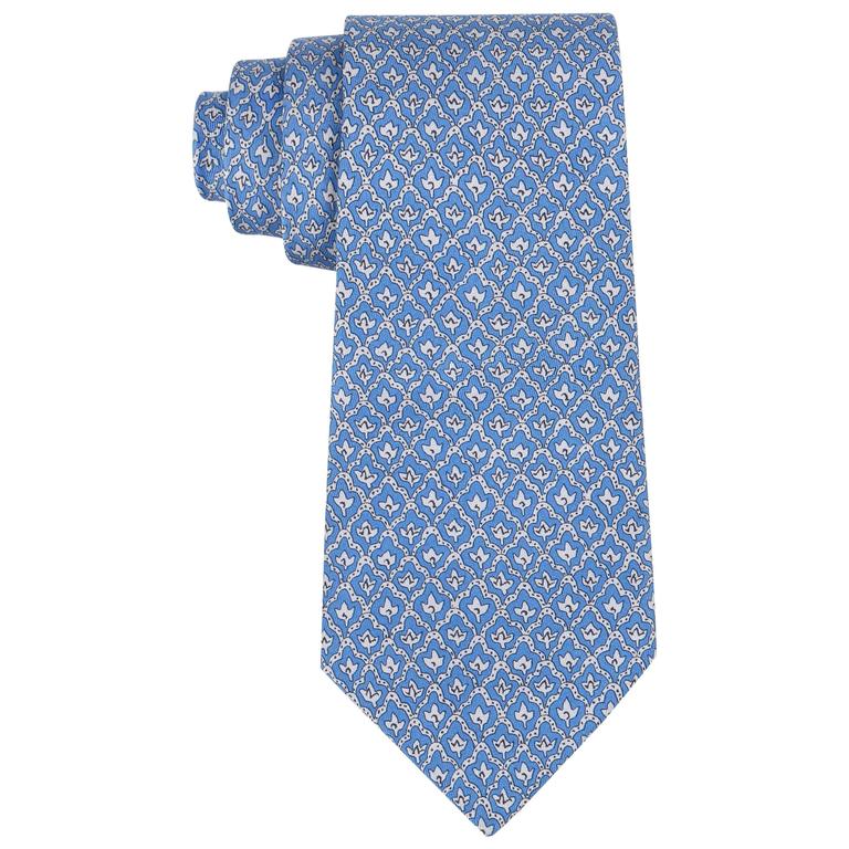 HERMES 5 Fold Cornflower Blue White Diamond Leaf Print Silk Necktie Tie ...