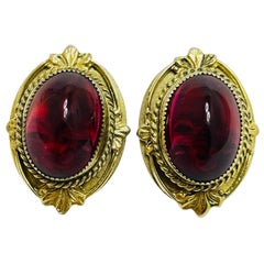 WHITING DAVIS signed vintage gold ruby red glass designer clip on earrings