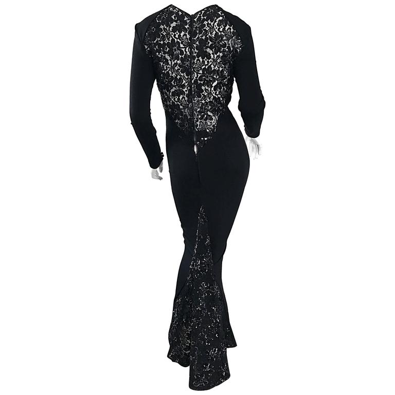 Showstopping Vintage VICKY TIEL COUTURE Black Silk Jersey Lace Sequin Gown Dress For Sale