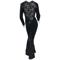 Showstopping Vintage VICKY TIEL COUTURE Black Silk Jersey Lace Sequin Gown Dress