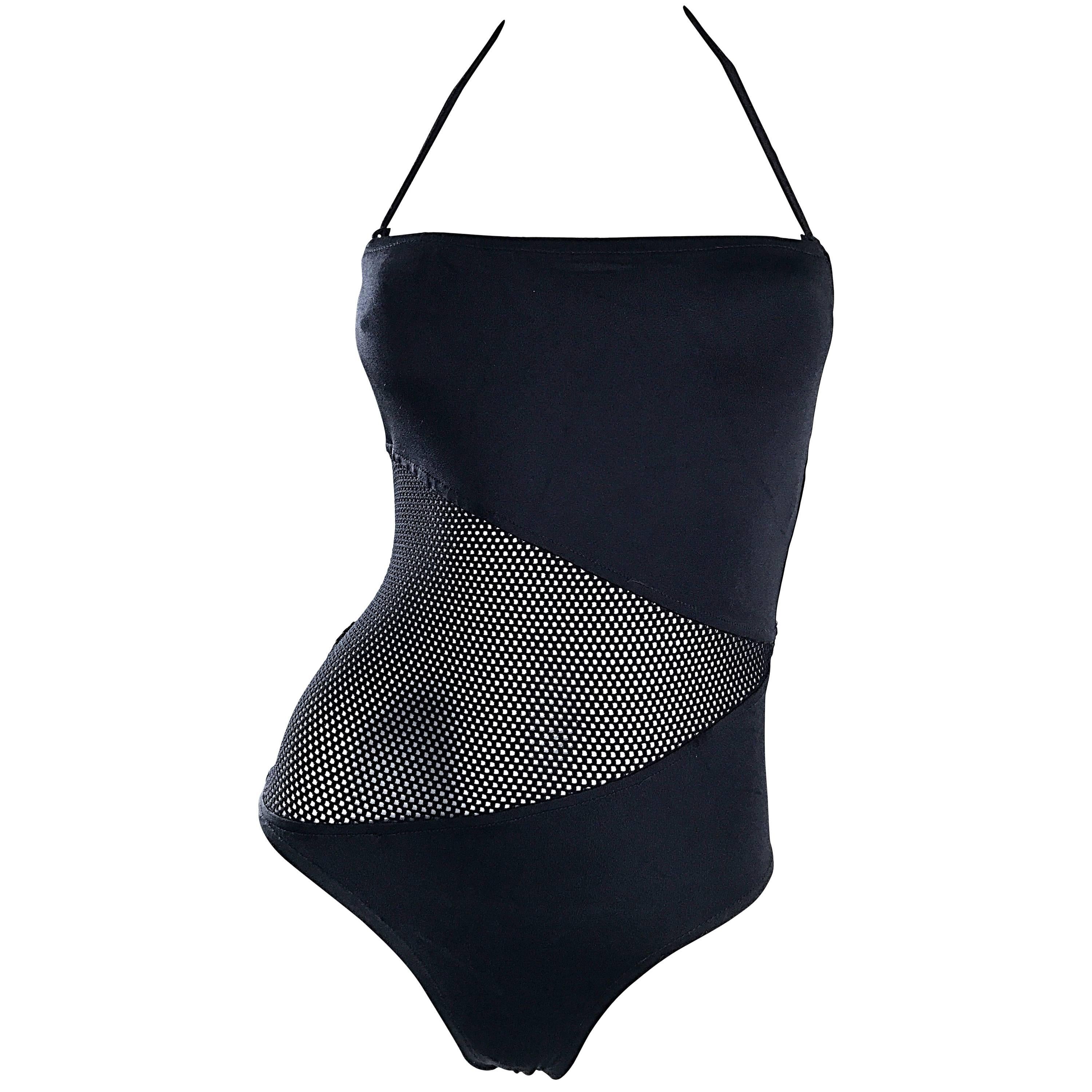 Bill Blass Black Cutout Mesh Halter Swimsuit Bodysuit, 1990s For Sale