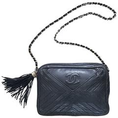 Vintage CHANEL Black Leather Chevron Quilted Stripe Shoulder Bag 80s Crossbody 
