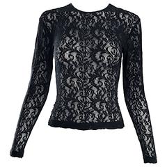 1990s Calvin Klein Black Lace Vintage Bodycon Sexy 90s Crop Top Blouse 10