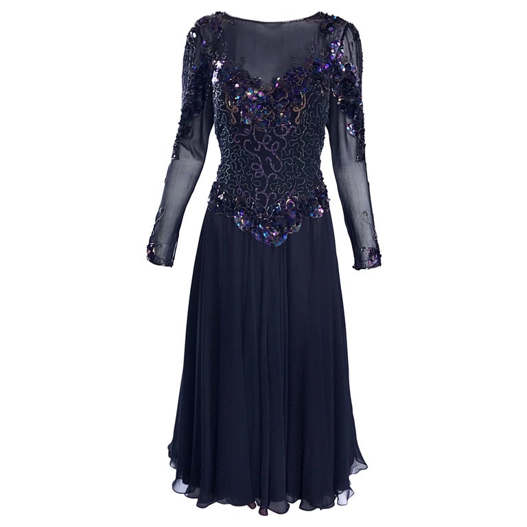 Vintage Eletra Casadei 1980s Black Sequined Beaded Silk Chiffon 80s Midi  Dress For Sale at 1stDibs