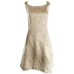 1960s Chic Gold Silk Brocade Metallic Vintage 60s A - Line Fit n' Flare Dress 4