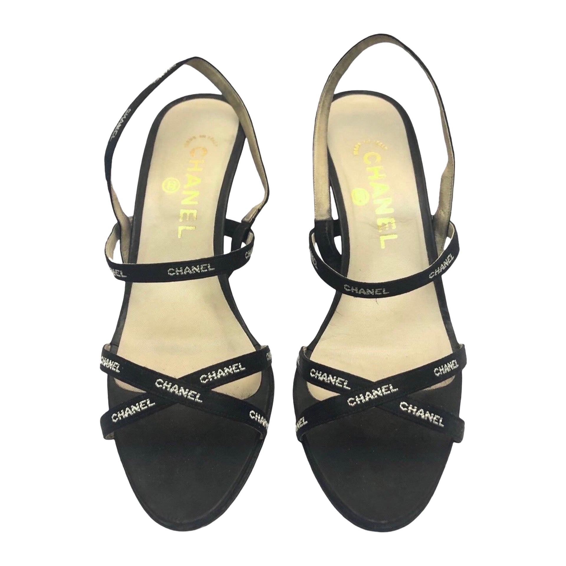 White embroidered Chanel print on black silk straps sandals heels For Sale