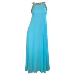 Beautiful 1960s Lord & Taylor Turquoise Blue Silk Chiffon Beaded Grecian Gown
