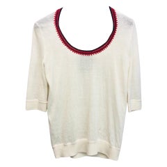 Top à col rond en laine et lin brodé YSL blanc