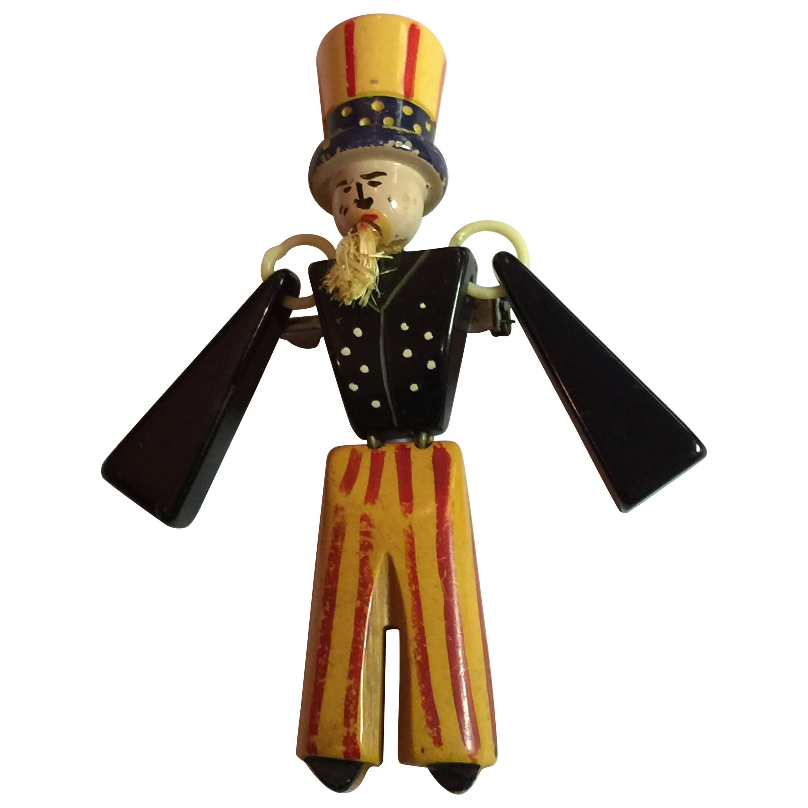 1930s Bakelite Patriotic Uncle Sam Articulated Brooch Pin For Sale