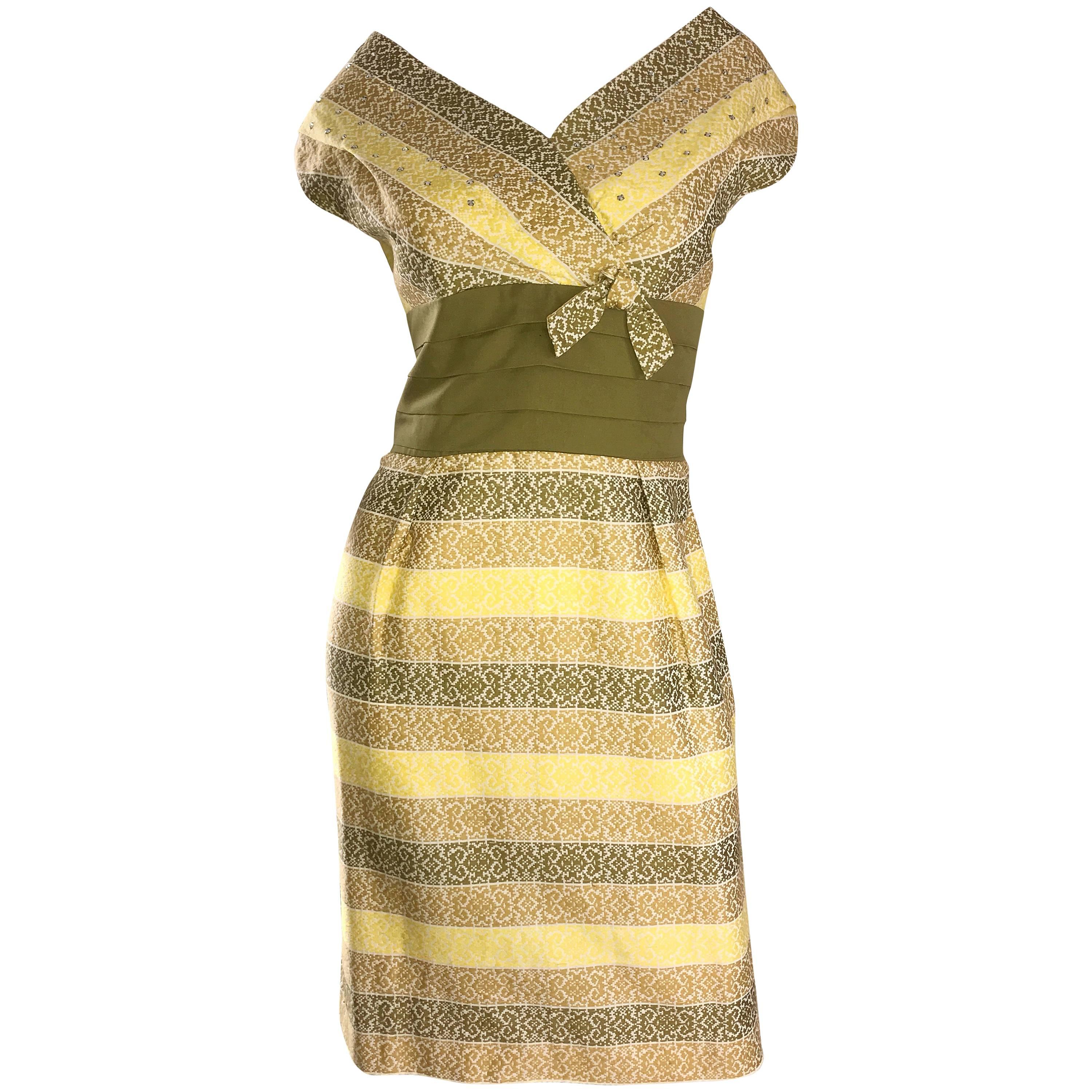 1950s Emma Domb Chartreuse Green + Yellow Rhinestone Cotton Vintage 50s Dress