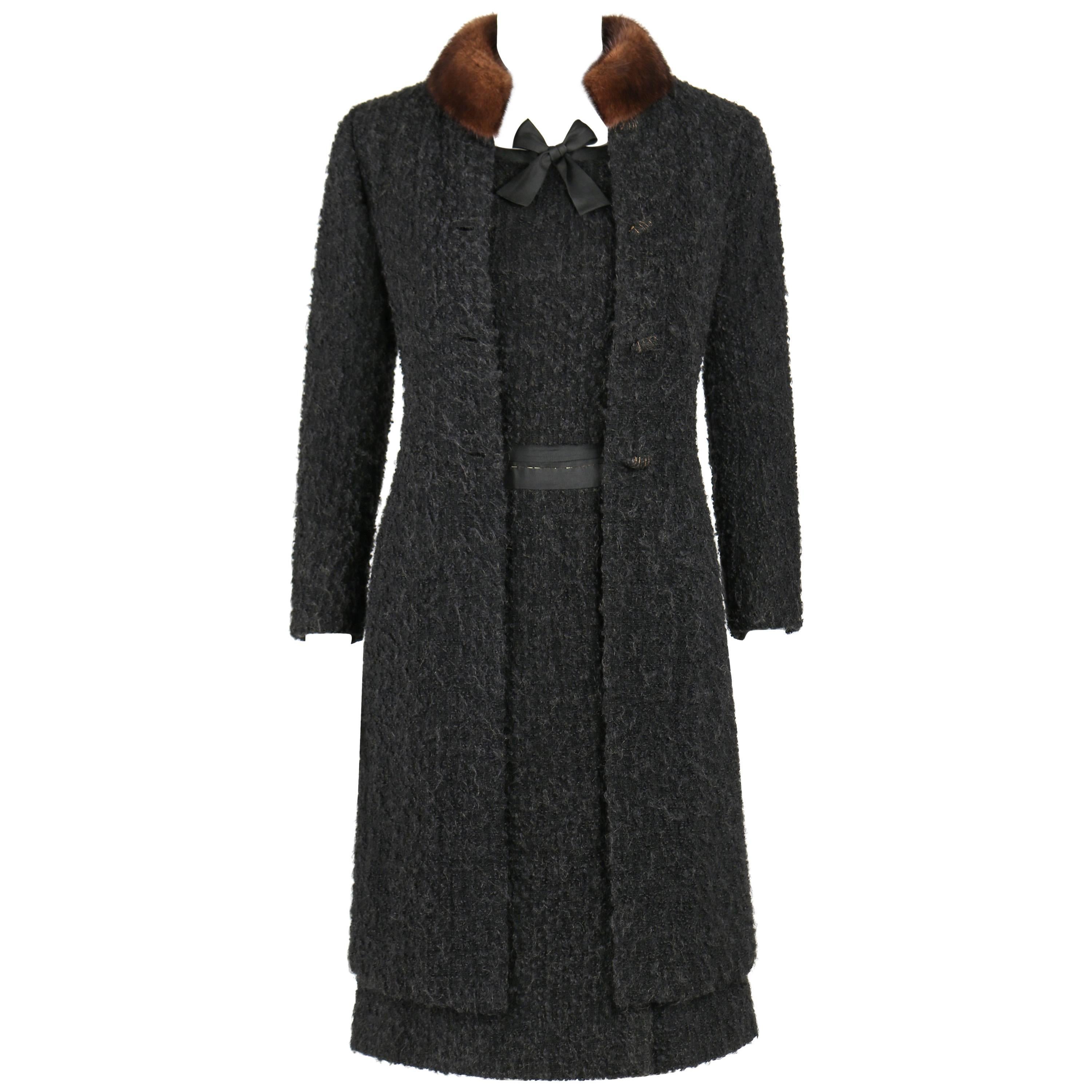 CHANEL c.1960's Haute Couture Black Boucle Wool Mink Coat & Sleeveless Dress Set