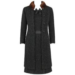 Retro CHANEL c.1960's Haute Couture Black Boucle Wool Mink Coat & Sleeveless Dress Set