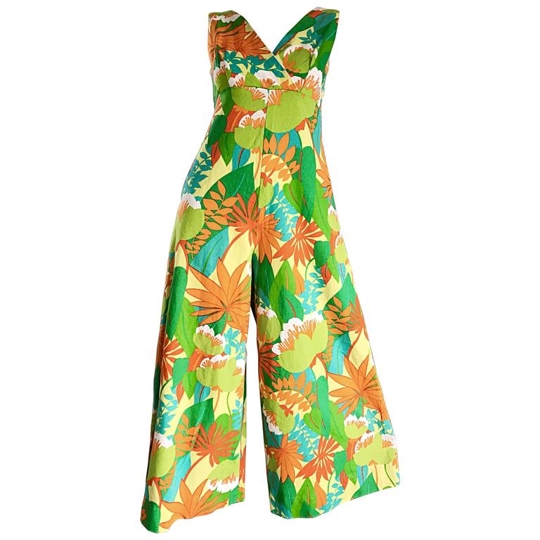 Amazing Vintage 1970s Tropical Hawaiian Print Neon Cotton 70s Jumpsuit