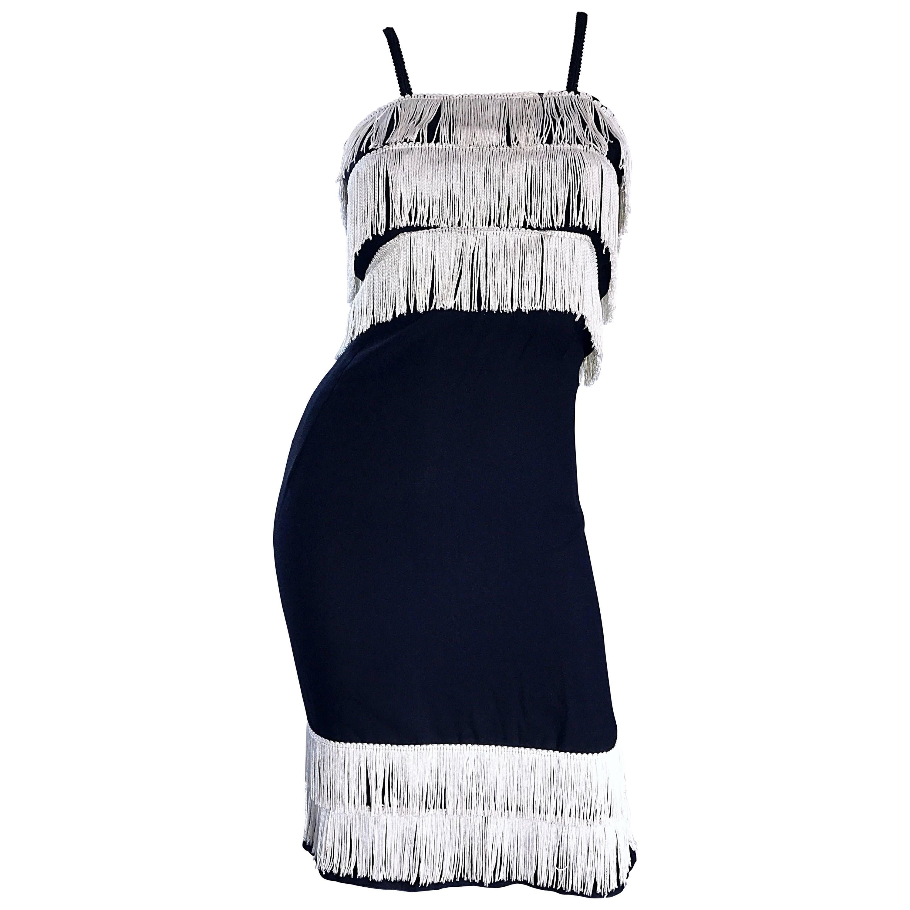 1950s Black and White Crepe and Silk Fringe 50s Vintage Wiggle Flapper Dress For Sale
