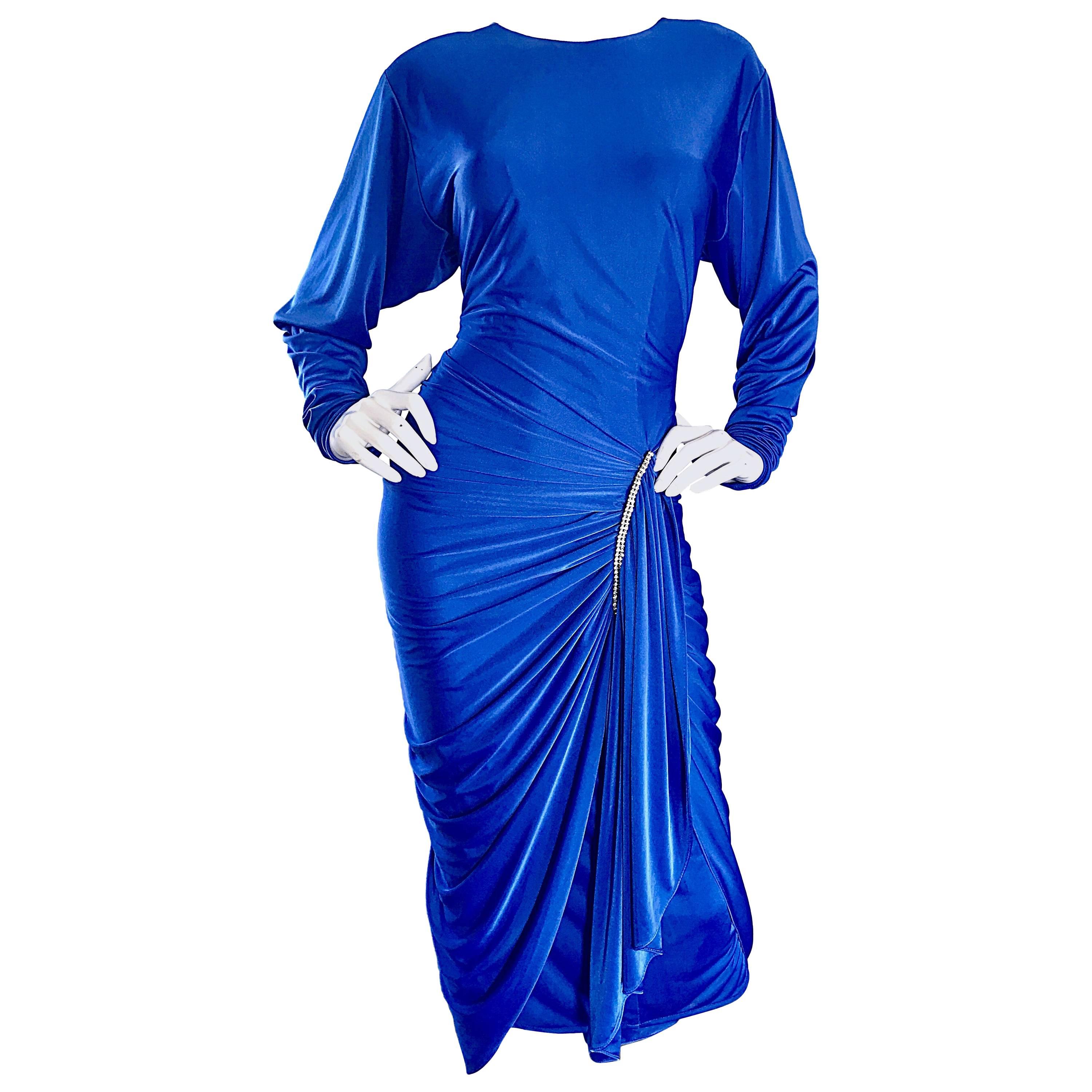 1970s Vintage Royal Blue Disco Rhinestone Jersey Long Sleeve 70s Slinky Dress