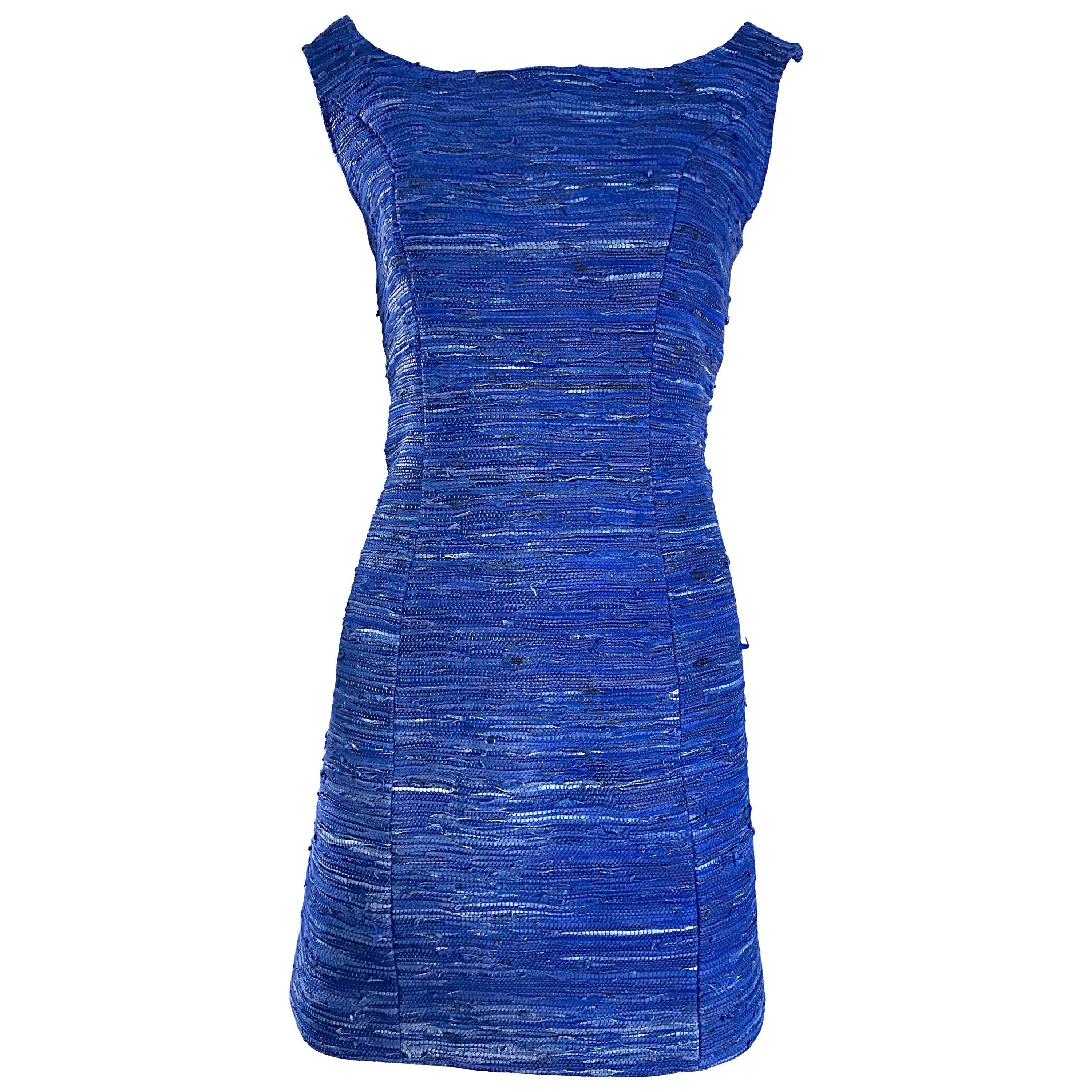 1990s Woven Leather Royal Blue Vinage Sexy Bodycon 90s Couture Mini Dress