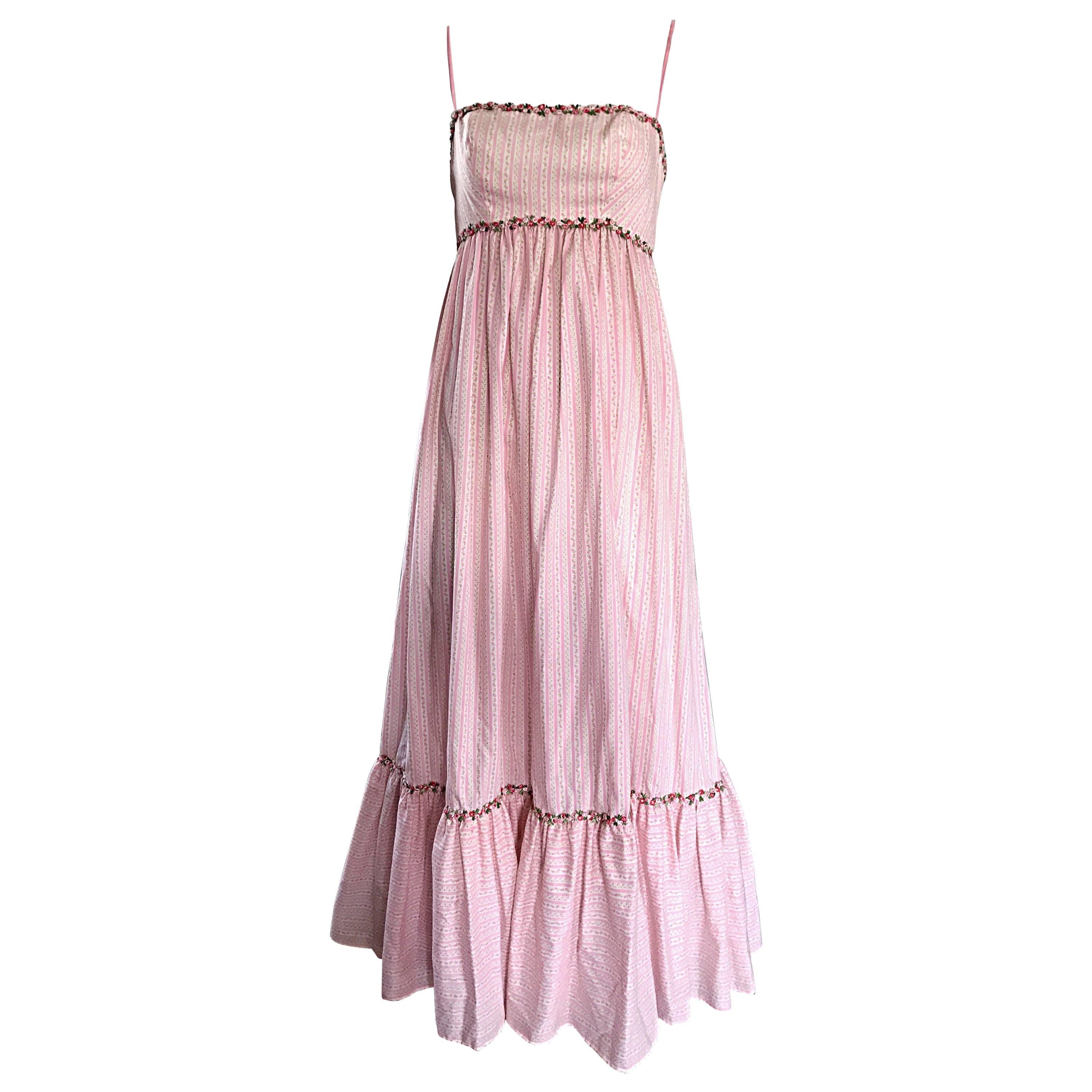 1970s Jay Morley for Fern Viollete Vintage Rose Print Pink + White Maxi Dress 