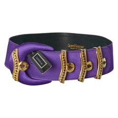 Purple satin belt with gold metal belt-lop and red rhinestone Gianni Versace NEW