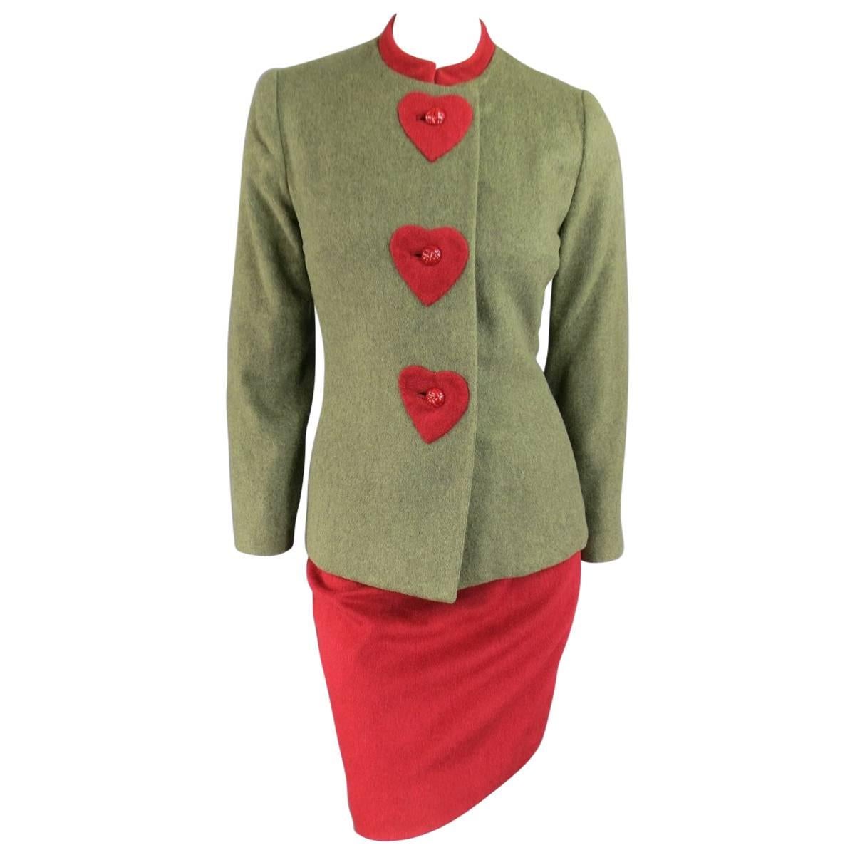 CAROLINA HERRERA Size 4 Green & Red Wool / Cashmere Heart Jacket Skirt Suit