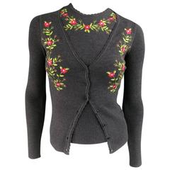 MOSCHINO Cheap & Chic Size 6 Charcoal Wool Floral Embroidered Cardigan Set