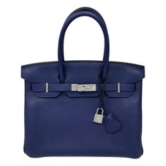 HERMES Birkin 30 Bleu Encre Clemence Leather Palladium Hardware
