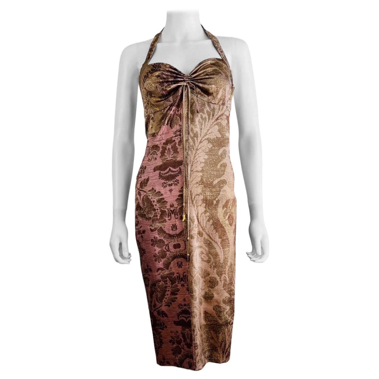 Vintage 2004 2000s Y2K Roberto Cavalli Silk Baroque Floral Halter Midi Dress For Sale