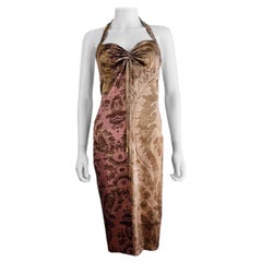 Vintage 2004 2000s Y2K Roberto Cavalli Silk Baroque Floral Halter Midi Dress