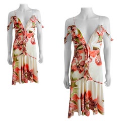 Vintage Roberto Cavalli F/W 2004 Vestido con estampado floral de orquídeas crema + rosa con volantes