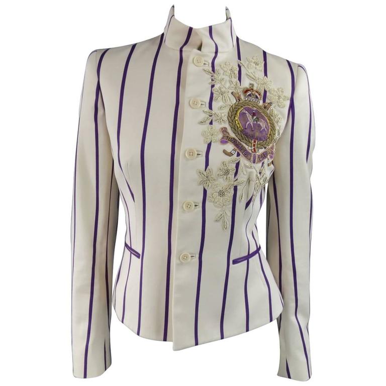 RALPH LAUREN Collection 8 Cream and Purple Striped Embellished Equestrian  Jacket at 1stDibs