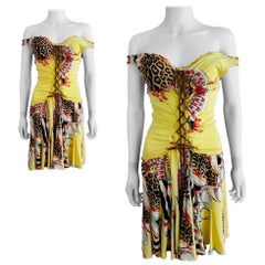 Vintage Roberto Cavalli S/S 2004 Floral Leopard Abstract Lace Up Mini Dress