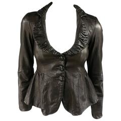 EMPORIO ARMANI Size 2 Brown Textured Ruffle Collar Cropped Leather Jacket 3