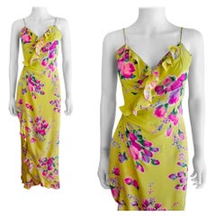 Vintage 1990s Lemon Yellow Pink Roses Floral Emanuel Ungaro Ruffle Maxi Dress