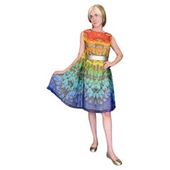 2008 Alexander McQueen Documented Rainbow Butterfly Print Silk Belted Cape Dress