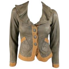 EMPORIO ARMANI Size 2 Taupe & Tan Wrinkled Lapel Cropped Leather Jacket