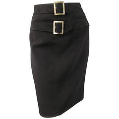VALENTINO Size 2 Black Wool Double Belt Pencil Skirt