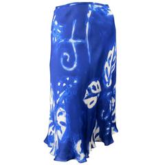 Retro RALPH LAUREN Size 10 Blue & White Watercolor Hawaiian Floral Silk Skirt